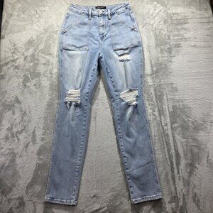 Judy Blue Jeans Womens 13 31 Light Wash High Rise Patch Pocket Distressed Denim